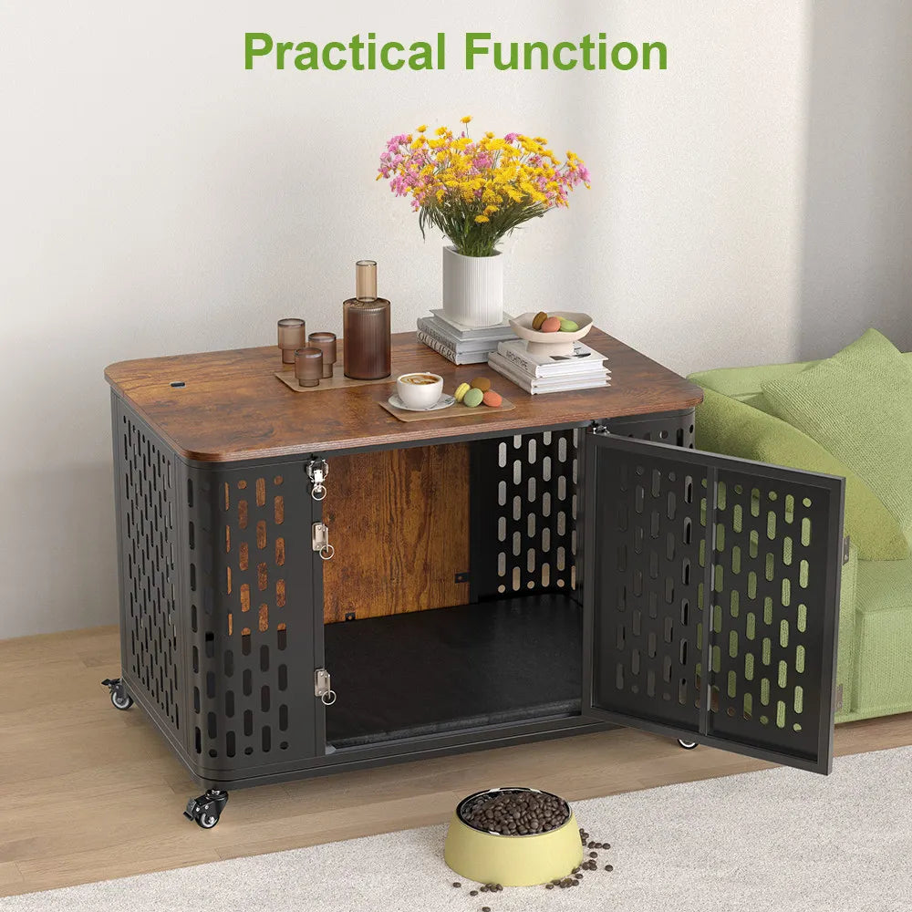 ONBRILL Dog Crate Wood Kennel With Cushion And Wheels