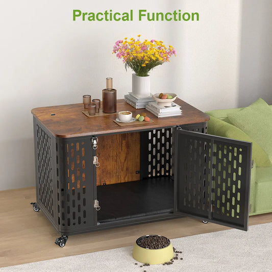 ONBRILL Dog Crate Wood Kennel With Cushion And Wheels