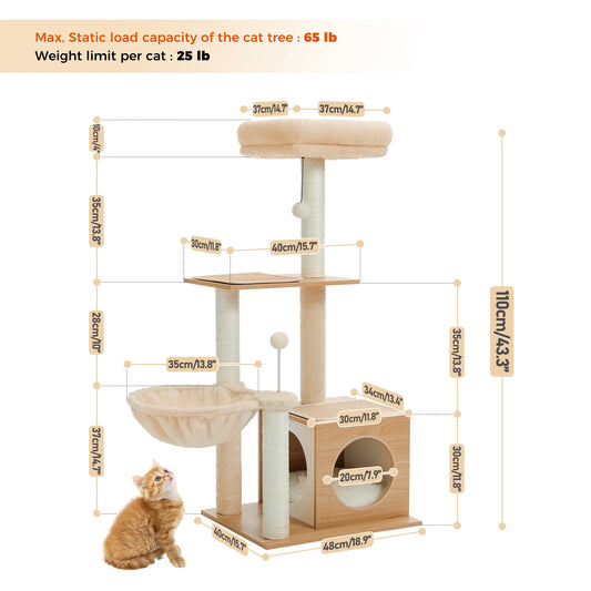PAWZ Road Modern Multi-Level Wood Cat Tree With Condo Hammock