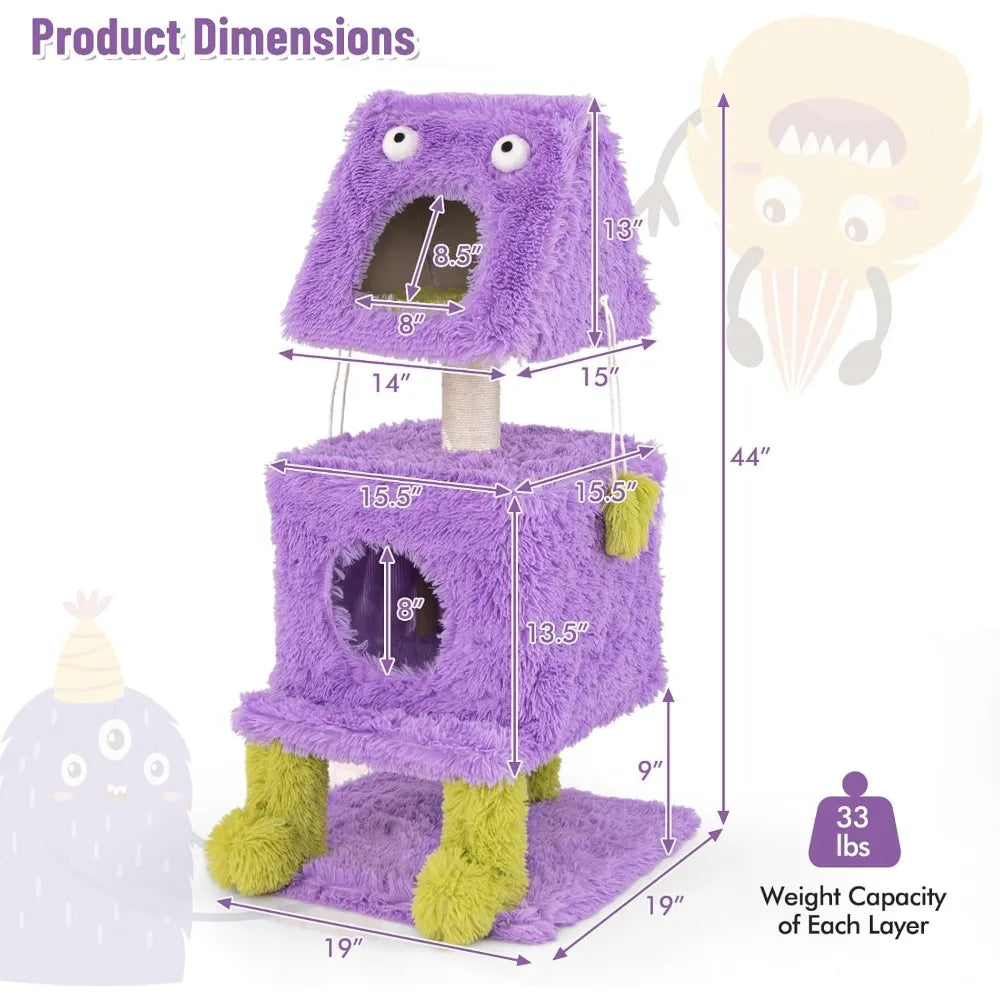 Monster Themed Three Tier Cat Tower With Enclosed Condos And Sisal Posts