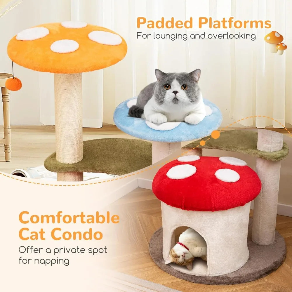 Color Mushroom Shaped Cat Tree With Sisal Posts And Perches