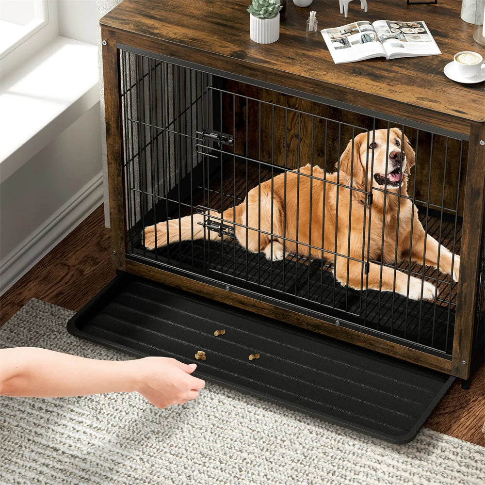 BORWAR Elevated Wooden Dog Crate End Table Kennel With Tray
