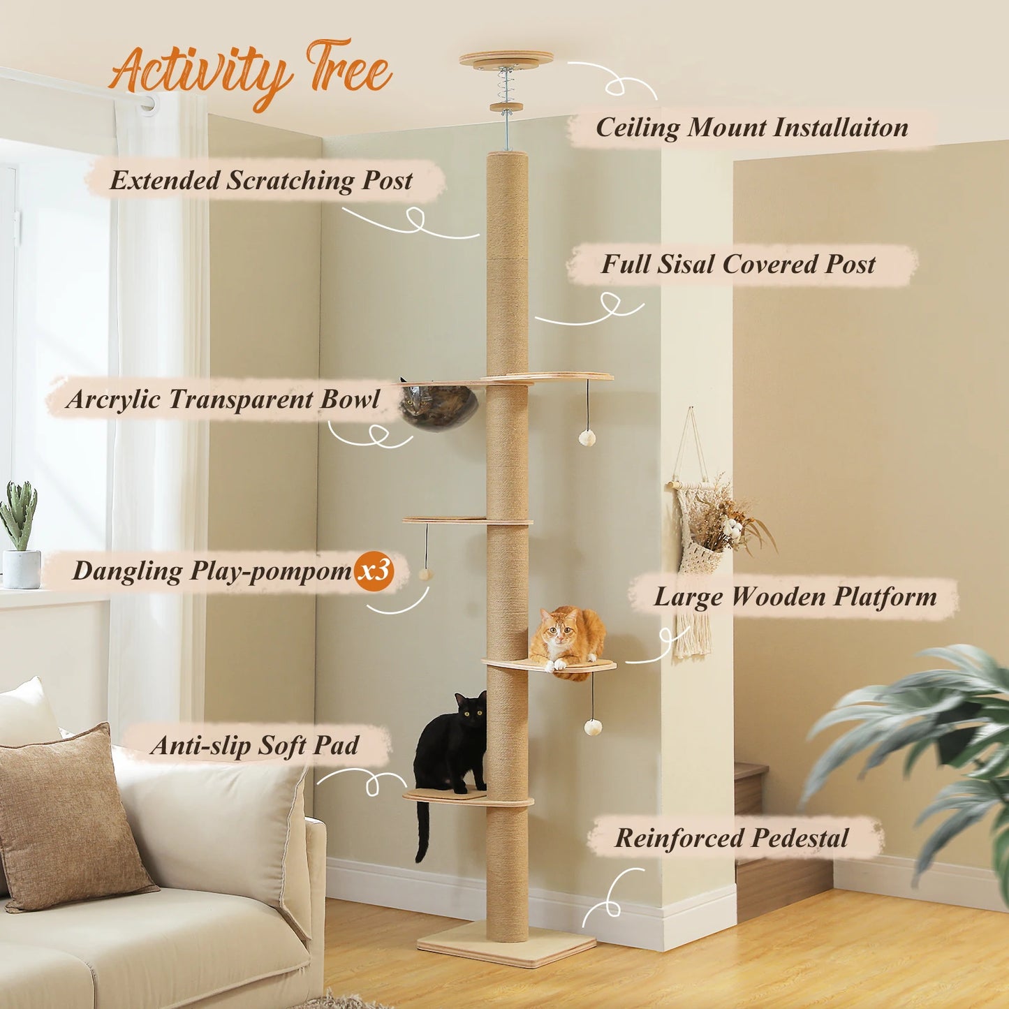 PAWZ Road Floor to Ceiling Adjustable Cat Tree with Scratching Posts and Toys