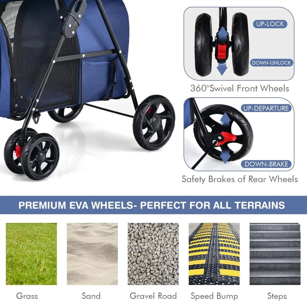 Breed Double Pet Stroller Foldable With Removable Carrying Bags