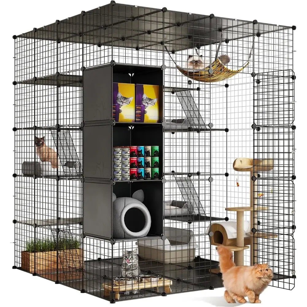 CageIndoor Large with Storage Cube DIY Outdoor Catio Cats Enclosures Metal Playpen with Hammock Platforms for 1-4Cats 5Tiers