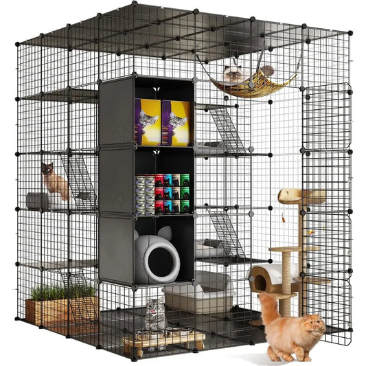 CageIndoor Large with Storage Cube DIY Outdoor Catio Cats Enclosures Metal Playpen with Hammock Platforms for 1-4Cats 5Tiers