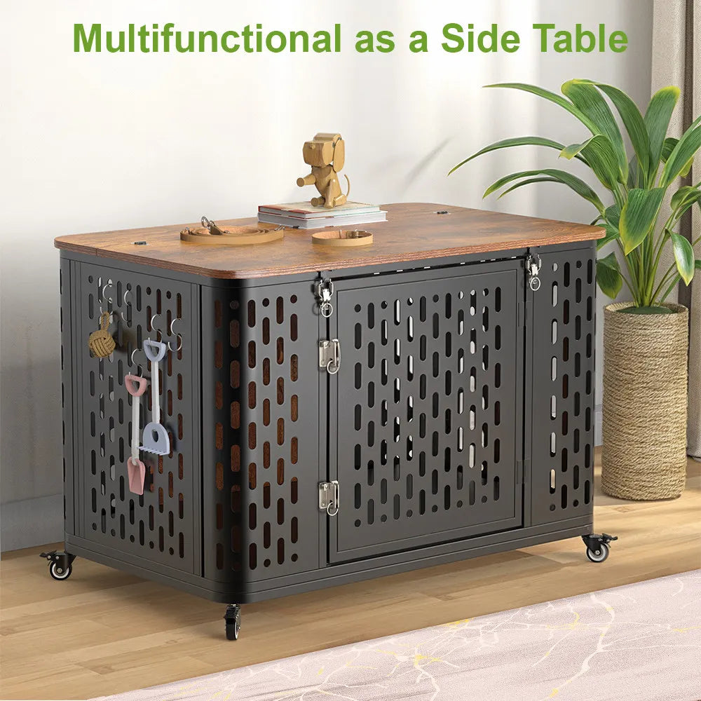 ONBRILL Dog Crate Wood Kennel With Cushion And Wheels