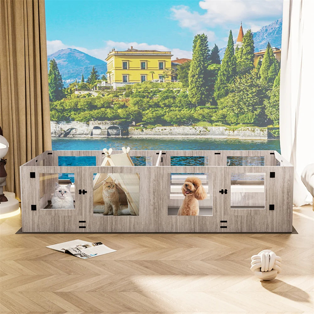 BORWARTH Dog Whelping Box Playpen With Tempered Glass Two Rooms