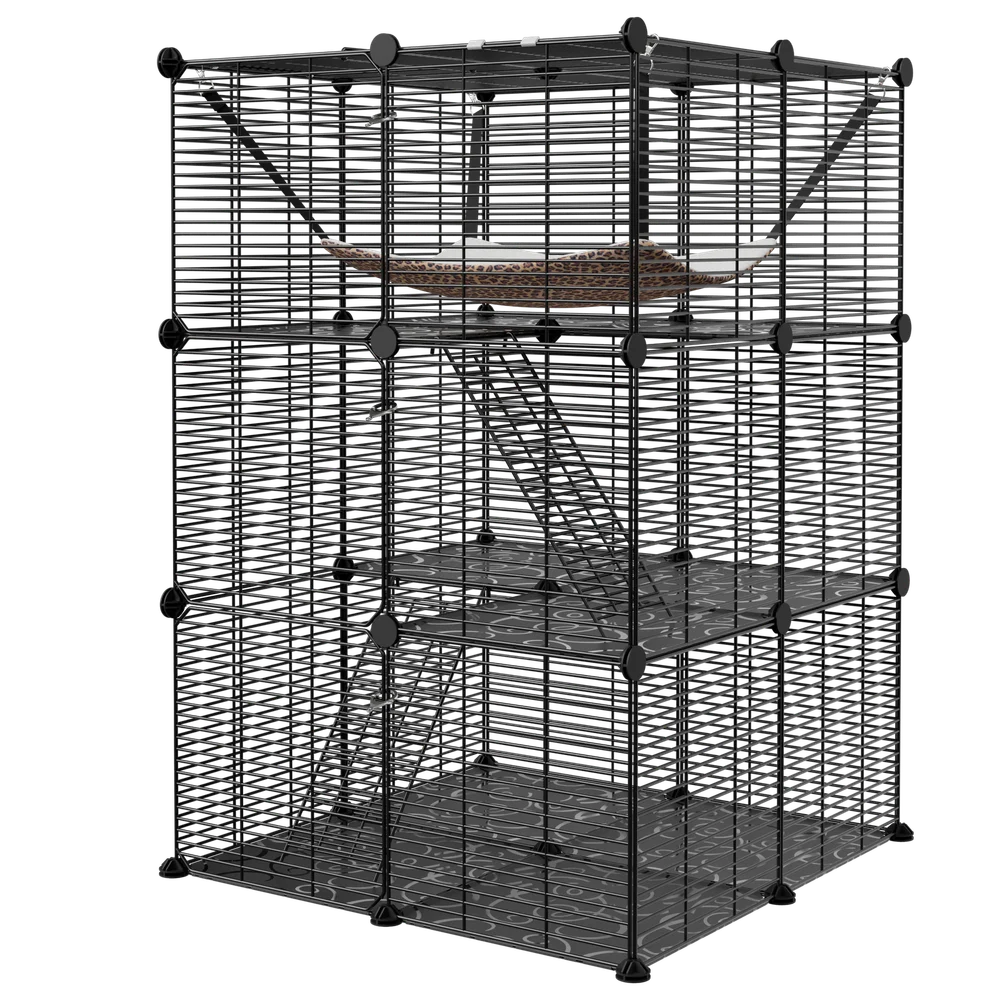 Closure 3-Tier Cat Cage Enclosure Metal Wire Kennel Playpen With Hammock