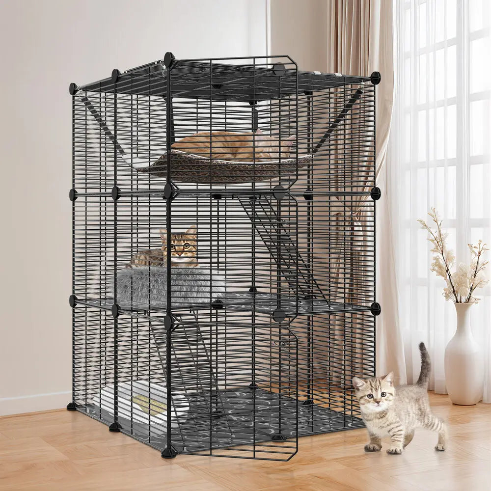 Closure 3-Tier Cat Cage Enclosure Metal Wire Kennel Playpen With Hammock