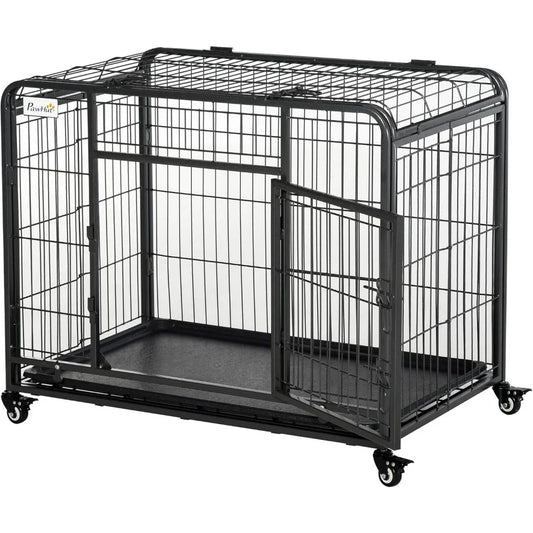 Metal Dog Cage Crate With Removable Tray And Cover Outdoor 4 Locking Wheels