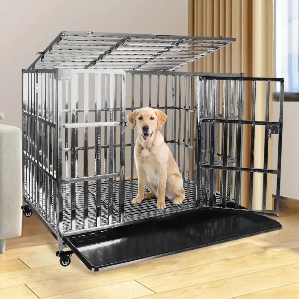 High Concerned Stackable Stainless Steel Dog Crate With Lockable Rolling Wheels