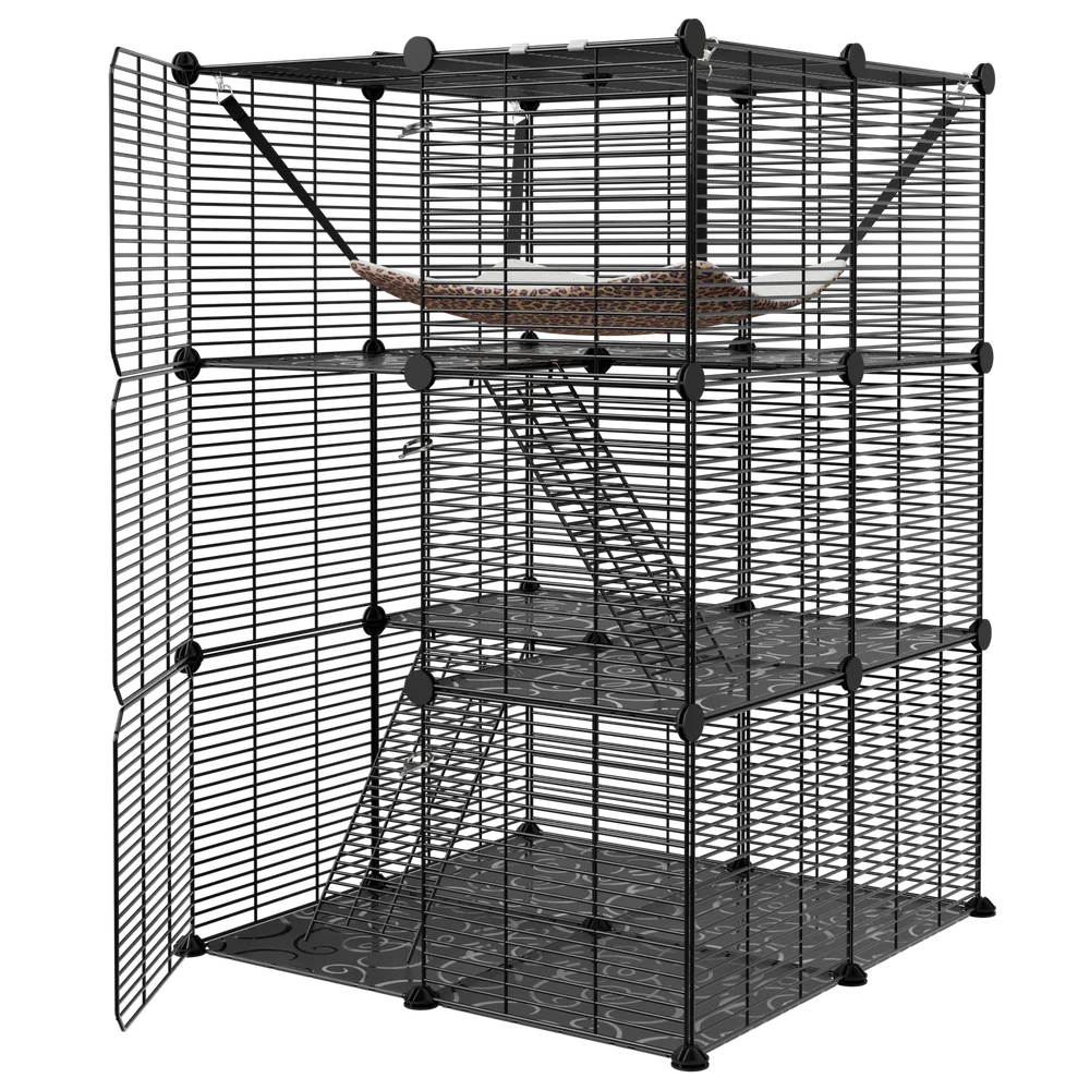 Closure 3-Tier Cat Cage Enclosure Metal Wire Kennel Playpen With Hammock