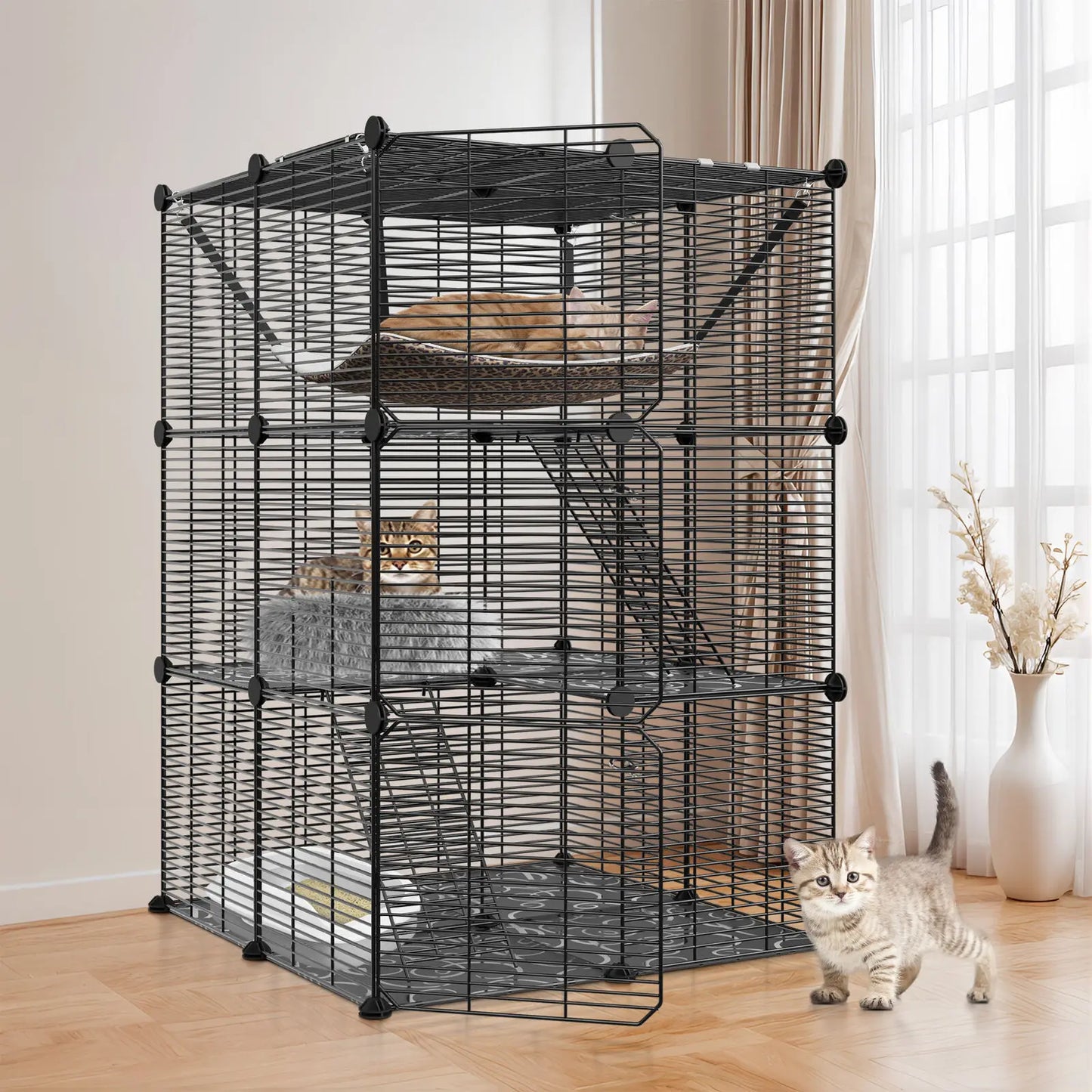 Closure 3-Tier Cat Cage Enclosure Metal Wire Kennel Playpen With Hammock