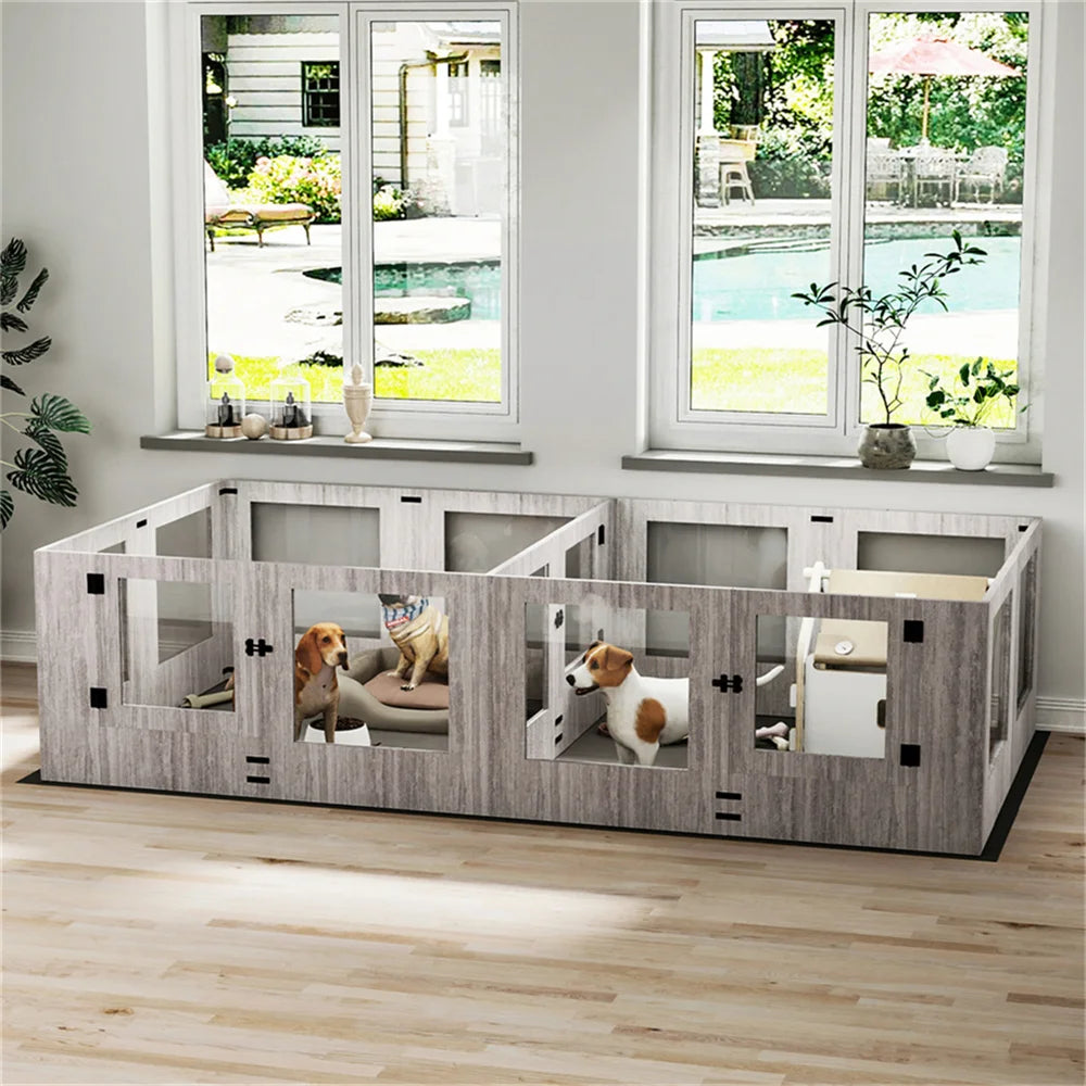 BORWARTH Dog Whelping Box Playpen With Tempered Glass Two Rooms