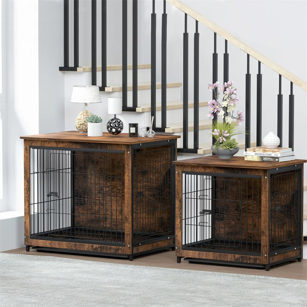 BORWAR Elevated Wooden Dog Crate End Table Kennel With Tray