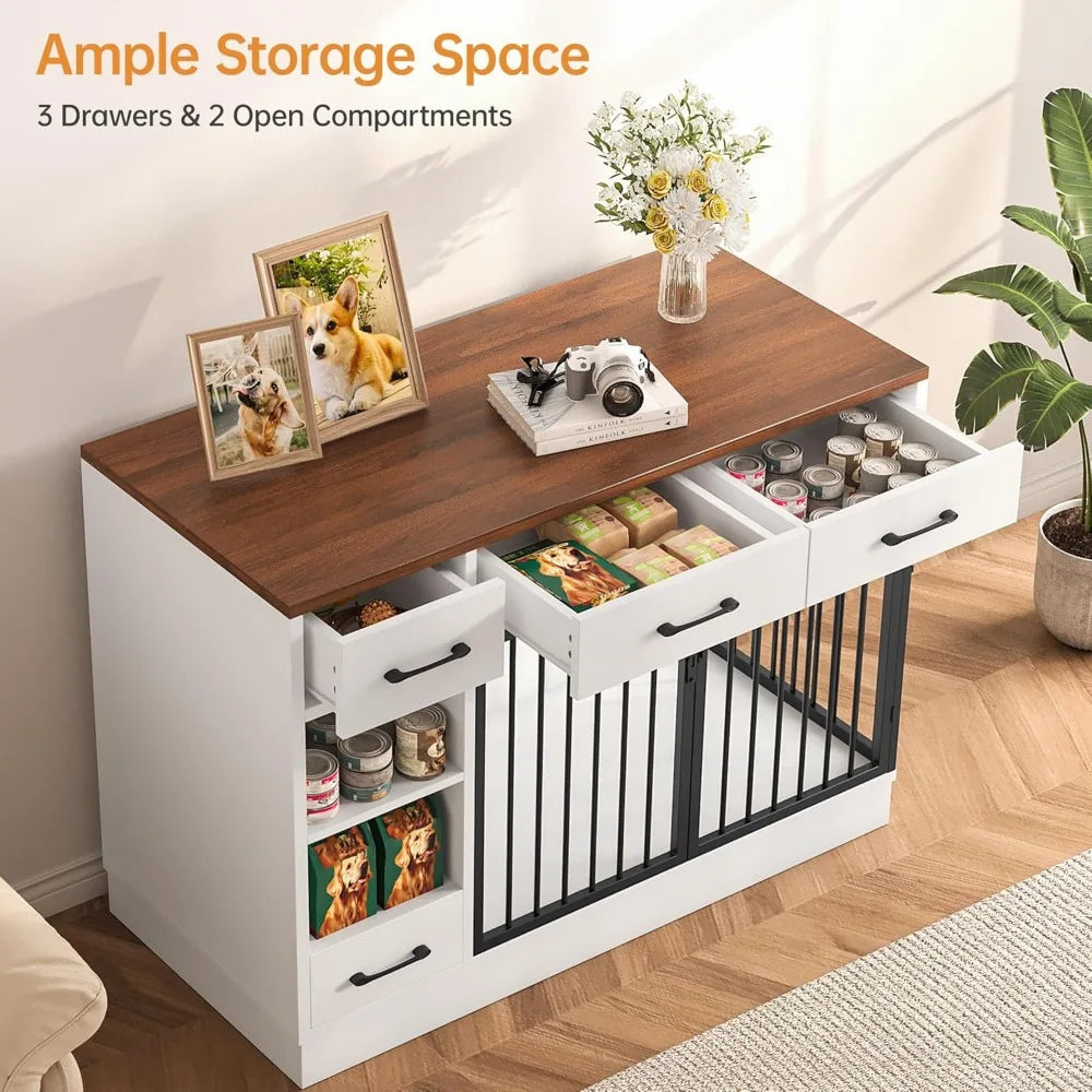 TIFICY Engineered Wood Dog Crate With Hidden Feeder Bowl And Storage Drawers