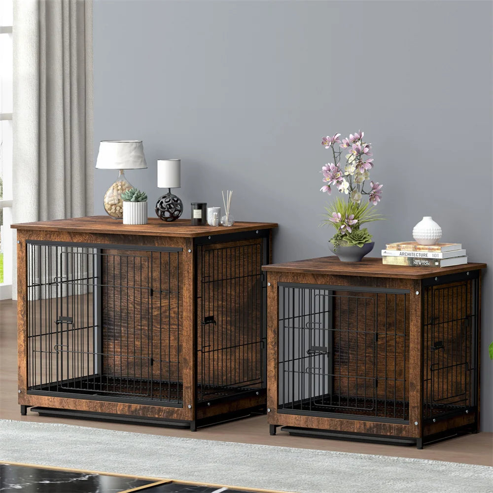 BORWAR Elevated Wooden Dog Crate End Table Kennel With Tray