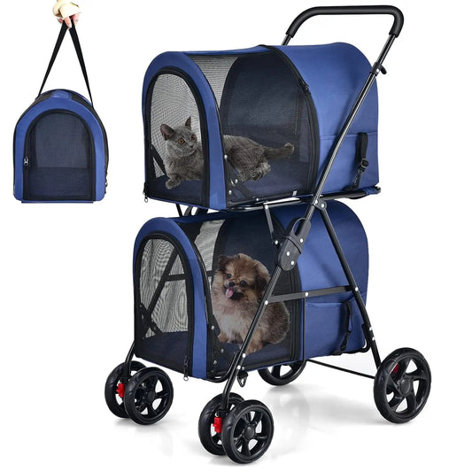 Breed Double Pet Stroller Foldable With Removable Carrying Bags