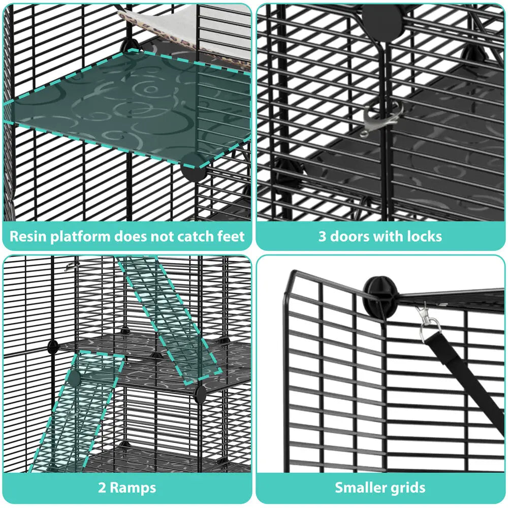 Closure 3-Tier Cat Cage Enclosure Metal Wire Kennel Playpen With Hammock