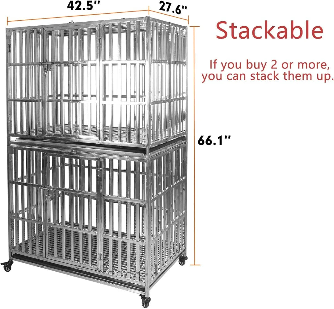 High Concerned Stackable Stainless Steel Dog Crate With Lockable Rolling Wheels