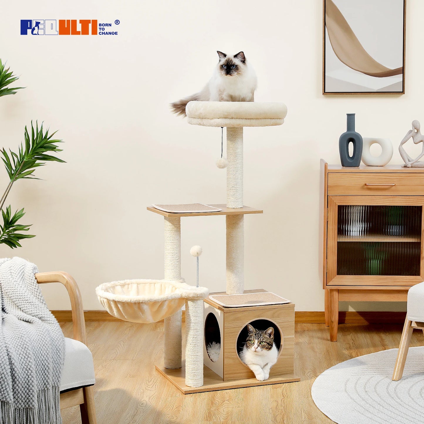 PAWZ Road Modern Multi-Level Wood Cat Tree With Condo Hammock