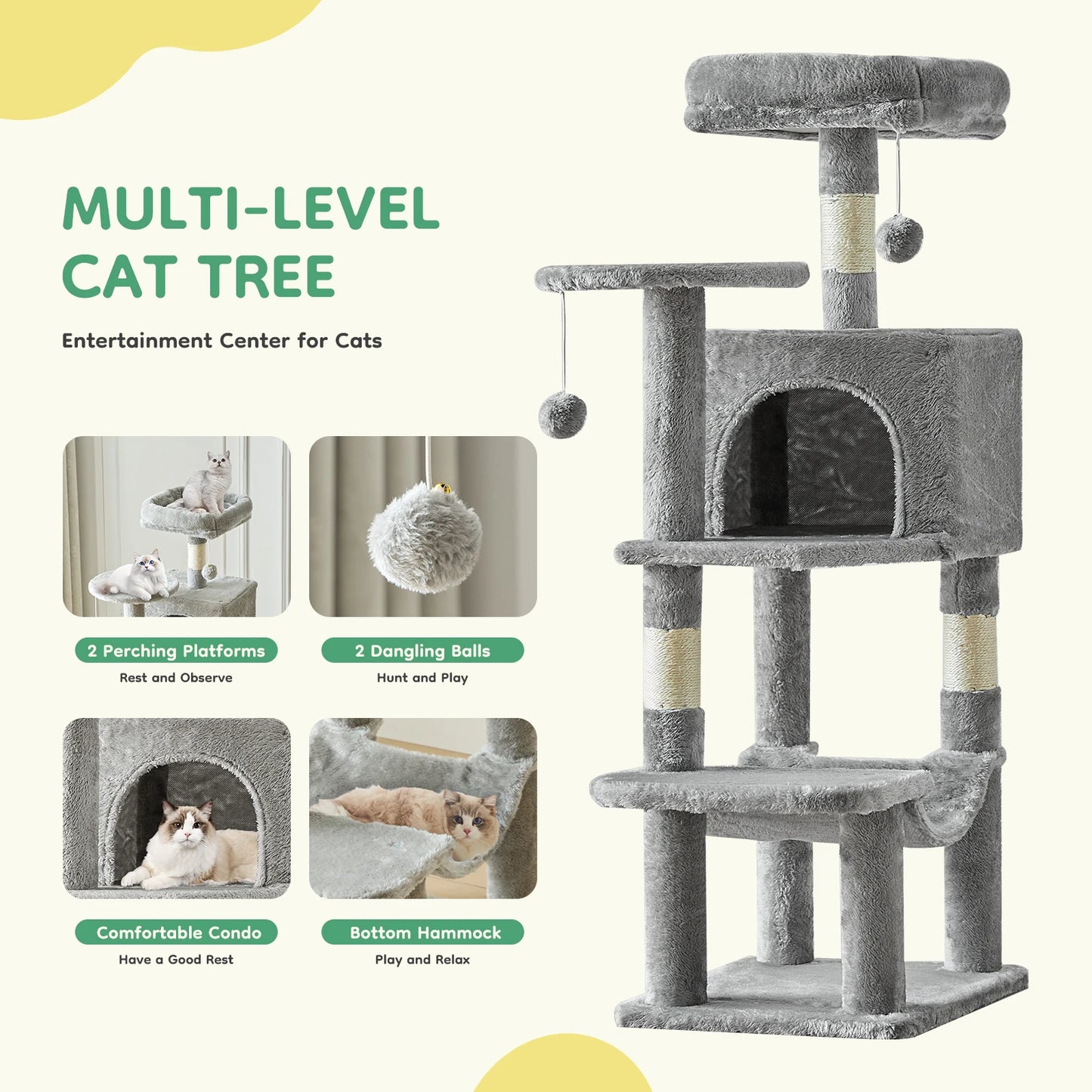 JHK MultiCat Climbing Cat Tree Tower With Sisal Scratching Posts