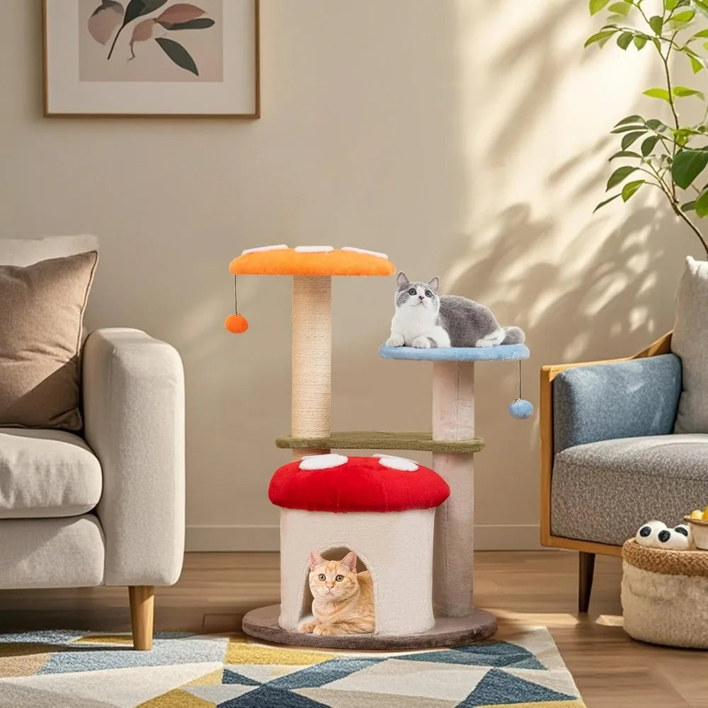 Color Mushroom Shaped Cat Tree With Sisal Posts And Perches