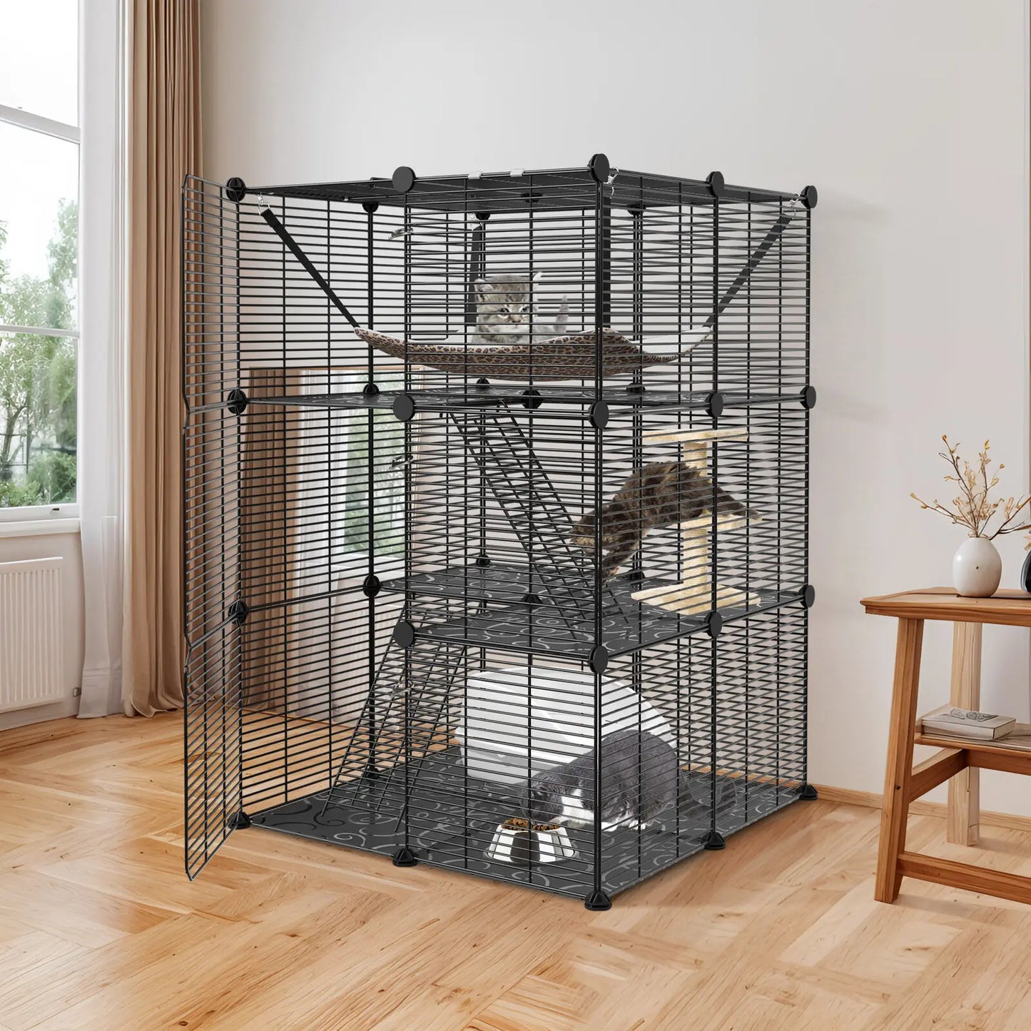 Closure 3-Tier Cat Cage Enclosure Metal Wire Kennel Playpen With Hammock