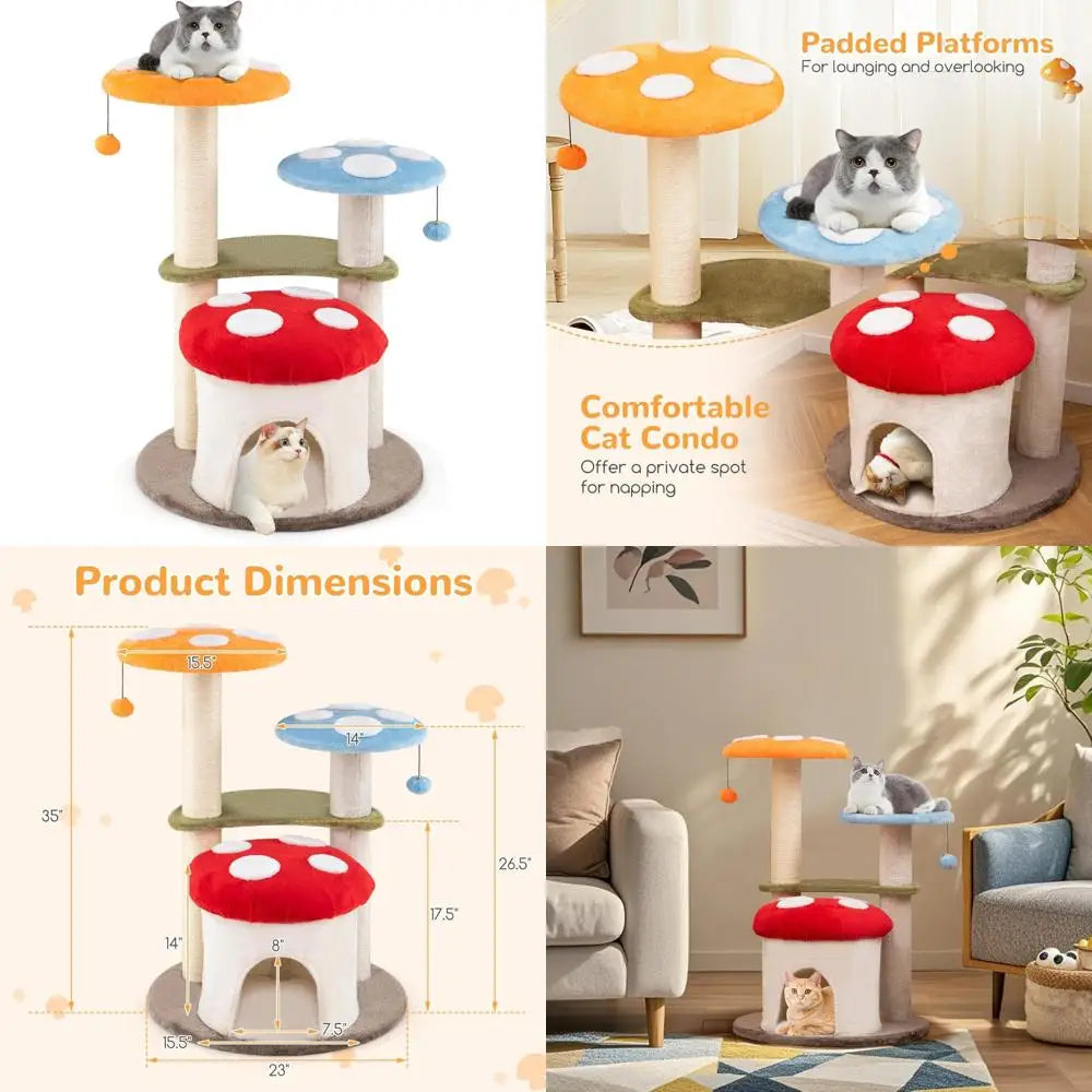 Color Mushroom Shaped Cat Tree With Sisal Posts And Perches