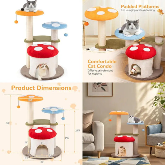 Color Mushroom Shaped Cat Tree With Sisal Posts And Perches