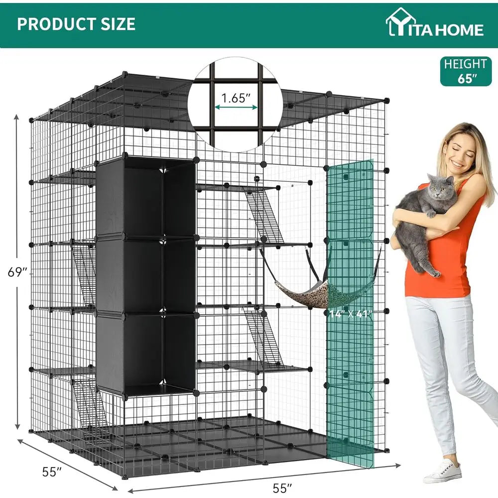 CageIndoor Large with Storage Cube DIY Outdoor Catio Cats Enclosures Metal Playpen with Hammock Platforms for 1-4Cats 5Tiers