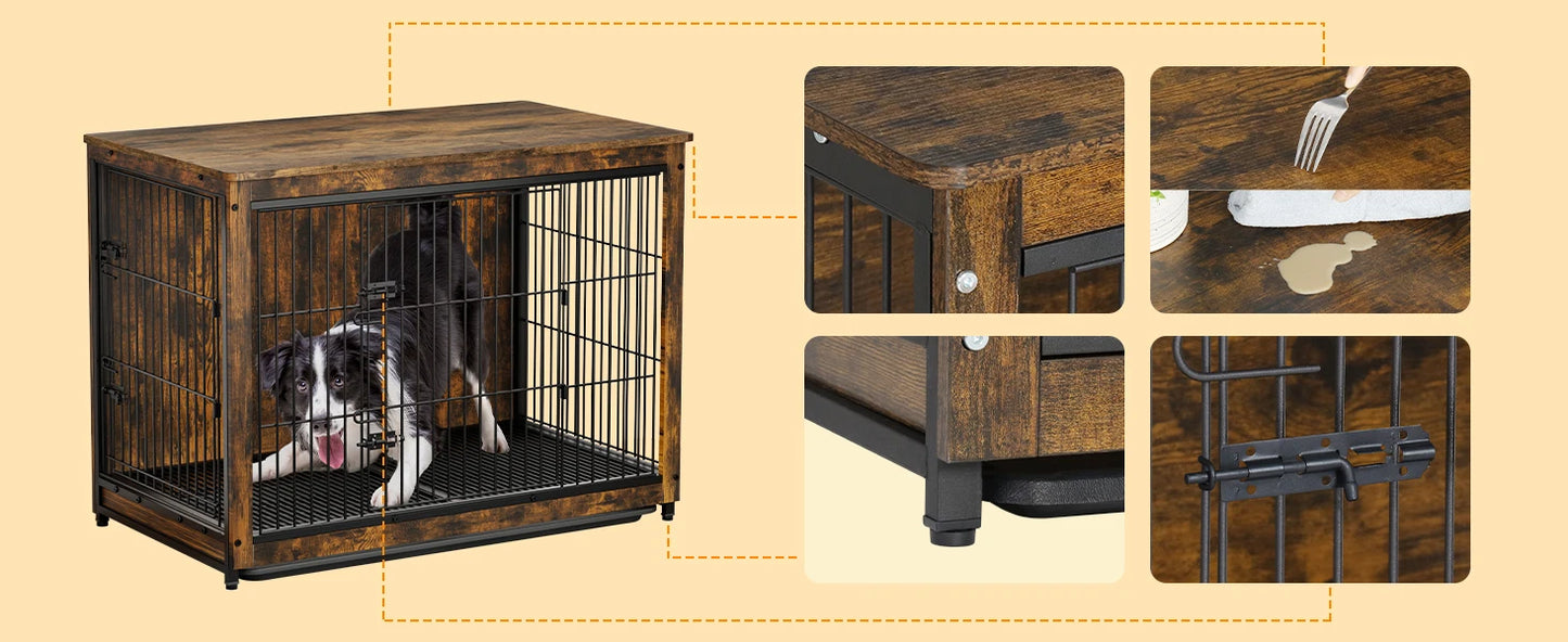 BORWAR Elevated Wooden Dog Crate End Table Kennel With Tray