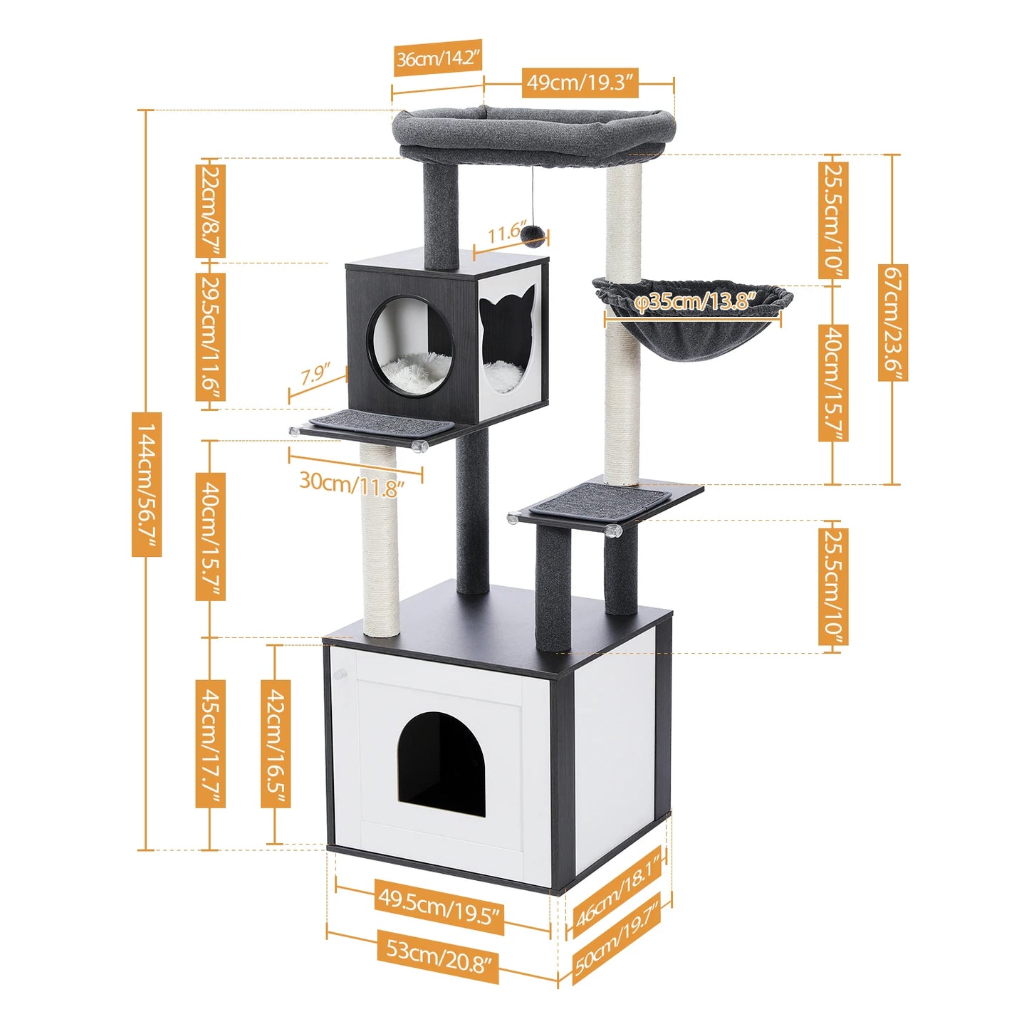 PEQULTICN Cat Tree Tower With Litter Box Wood Structure Hammock