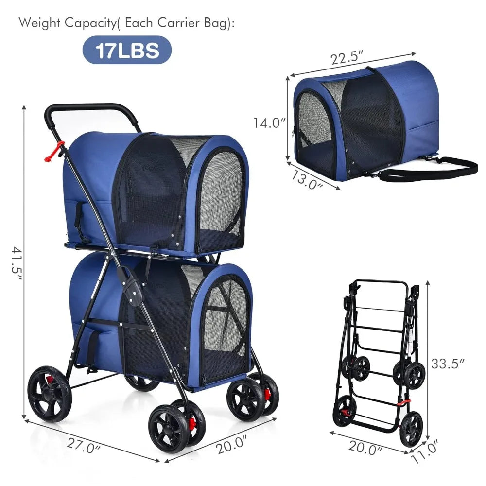 Breed Double Pet Stroller Foldable With Removable Carrying Bags