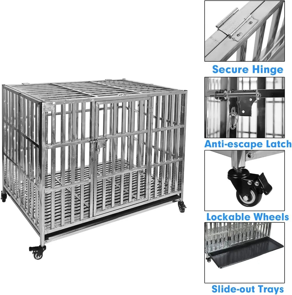 High Concerned Stackable Stainless Steel Dog Crate With Lockable Rolling Wheels