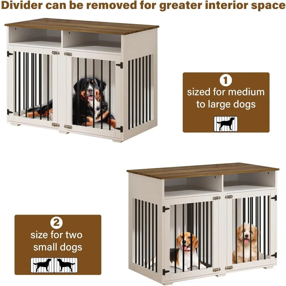 Double Dog Wooden Crate With Removable Partition And Storage Shelf