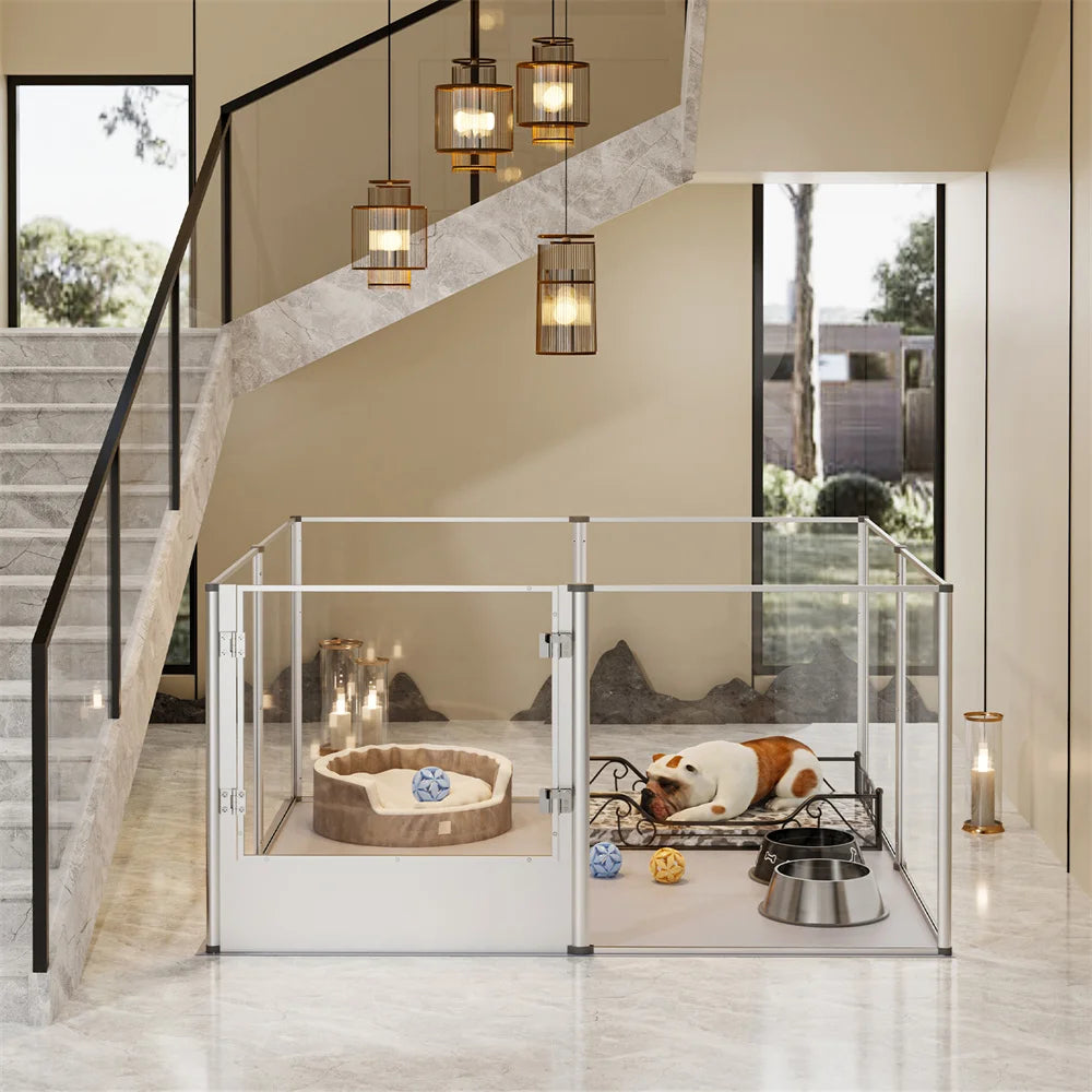 BORWAR Dog Playpen Acrylic Enclosure With Waterproof Pad For Pets