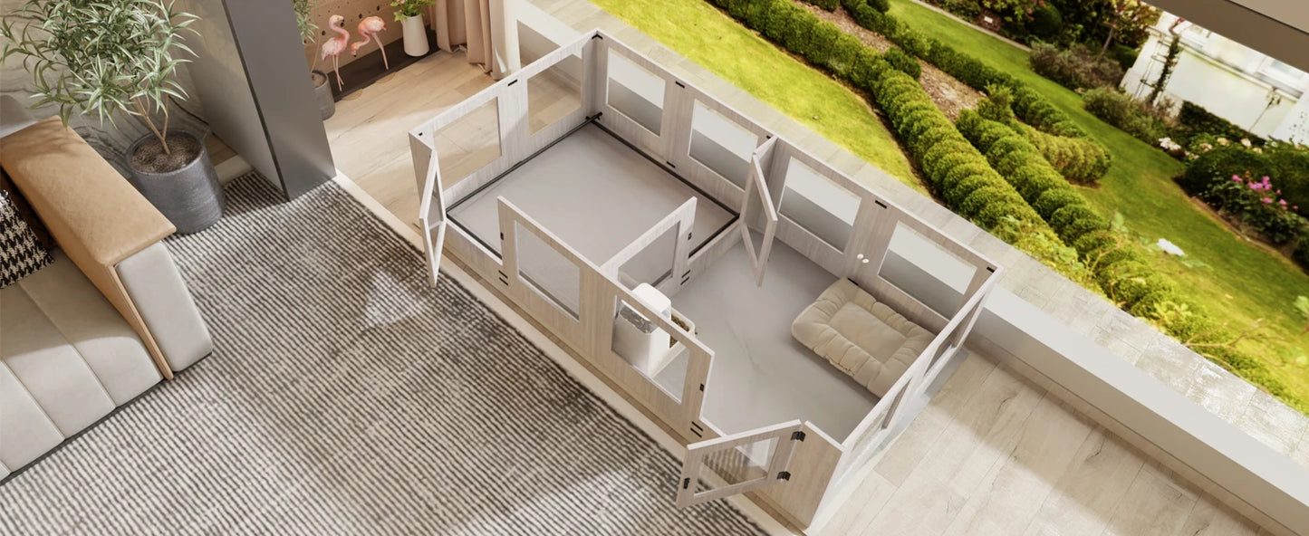 BORWARTH Dog Whelping Box Playpen With Tempered Glass Two Rooms