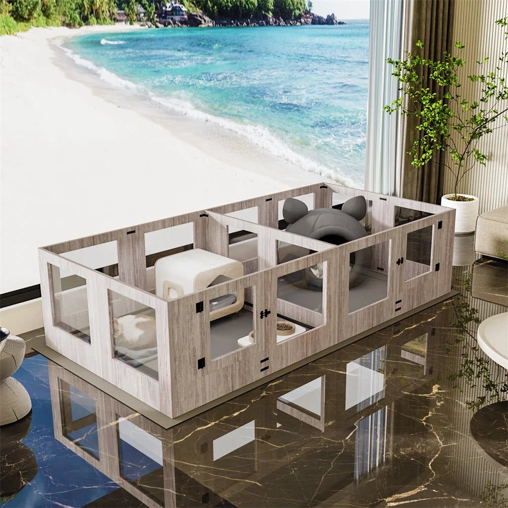 BORWARTH Dog Whelping Box Playpen With Tempered Glass Two Rooms