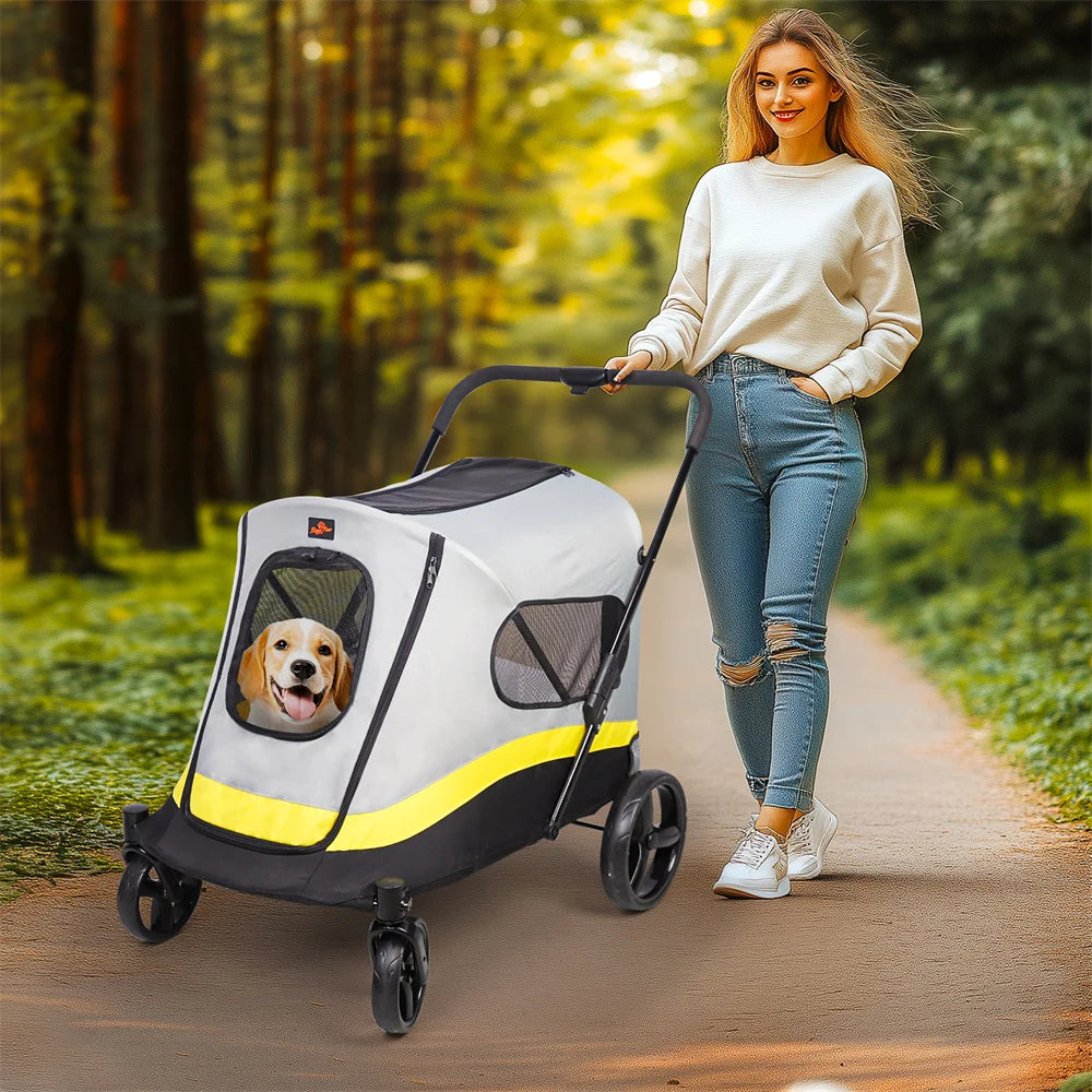 Breed Foldable One-Click Dog Stroller 4 Wheel Travel Rain Cover