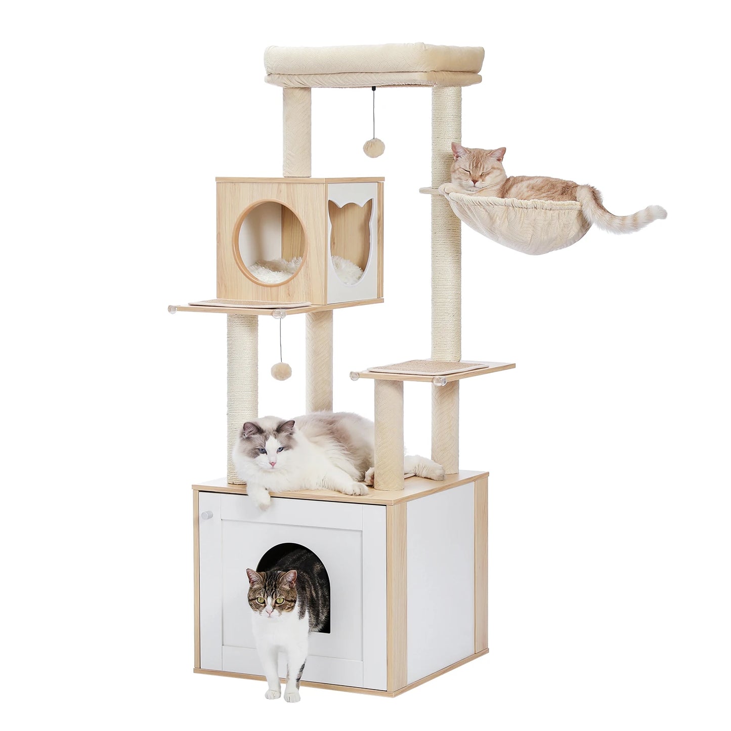 PEQULTICN Cat Tree Tower With Litter Box Wood Structure Hammock