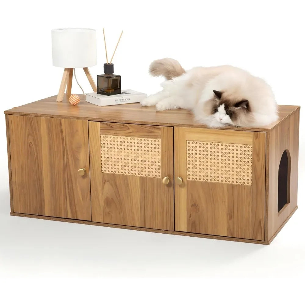 Wooden Cat Litter Box Enclosure With Storage And Adjustable Divider