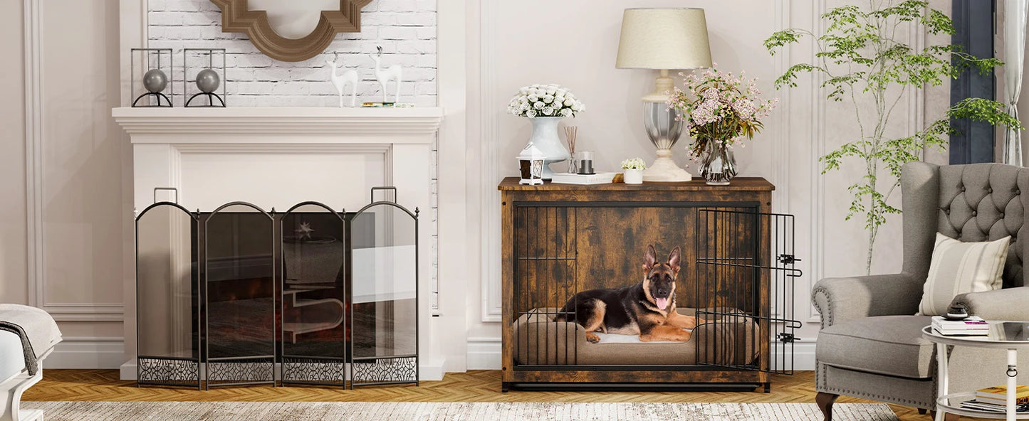 BORWAR Elevated Wooden Dog Crate End Table Kennel With Tray