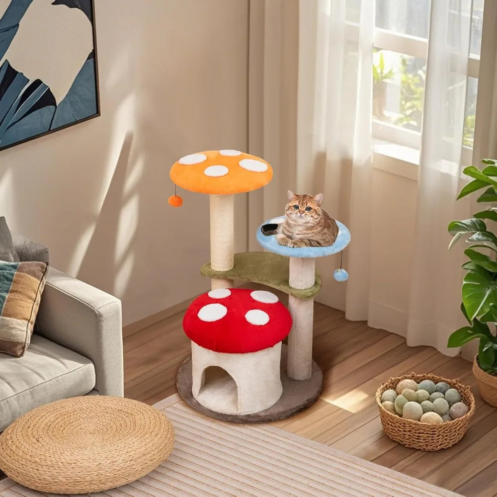 Color Mushroom Shaped Cat Tree With Sisal Posts And Perches