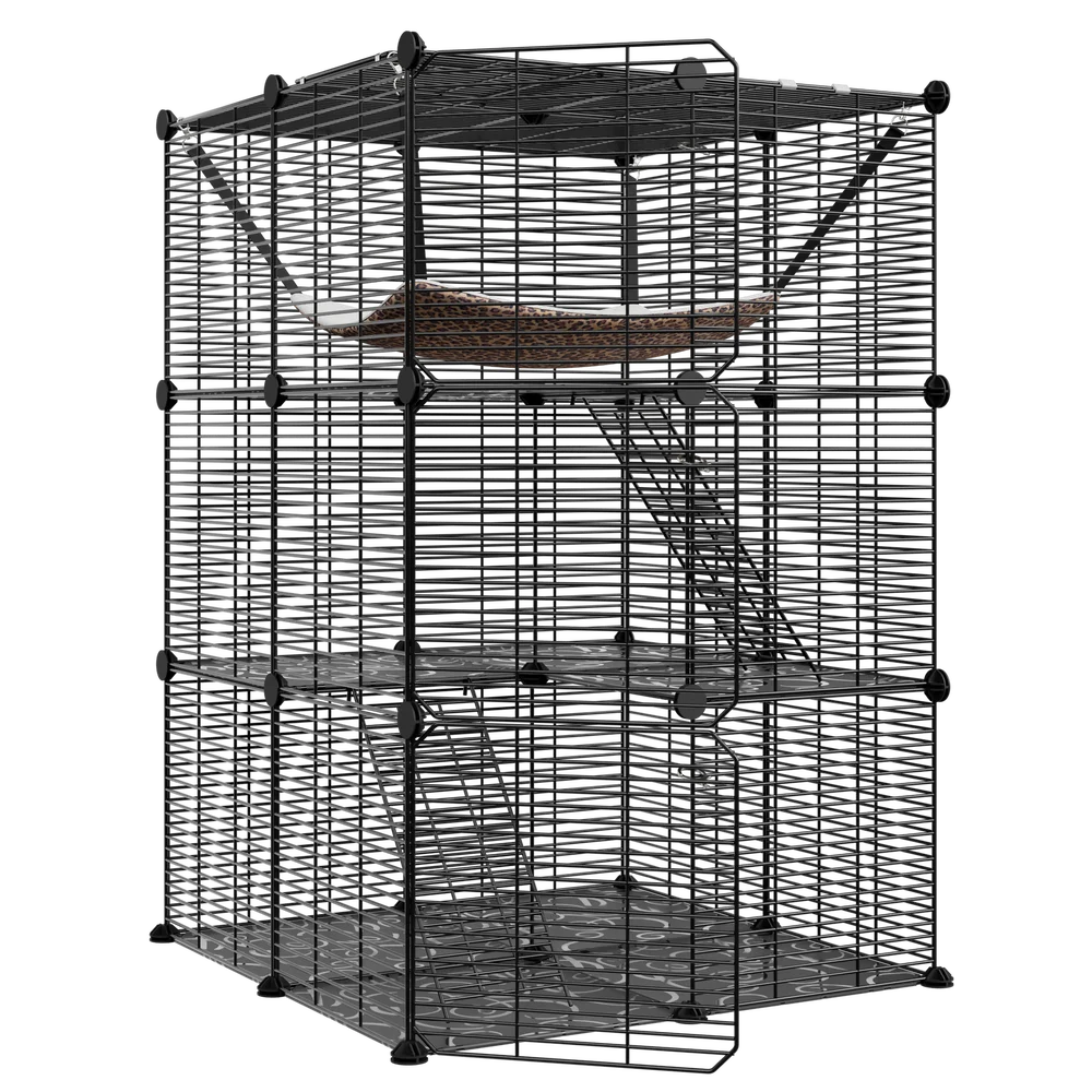 Closure 3-Tier Cat Cage Enclosure Metal Wire Kennel Playpen With Hammock