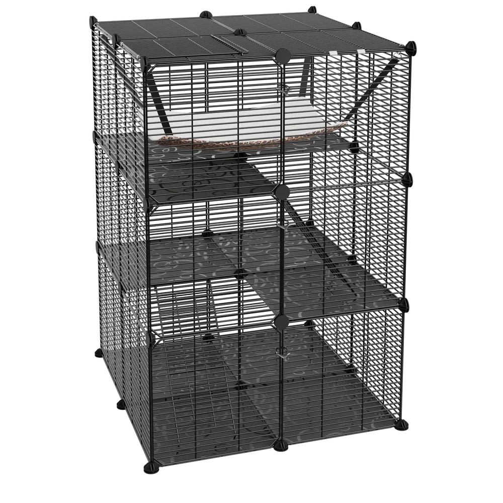 Closure 3-Tier Cat Cage Enclosure Metal Wire Kennel Playpen With Hammock