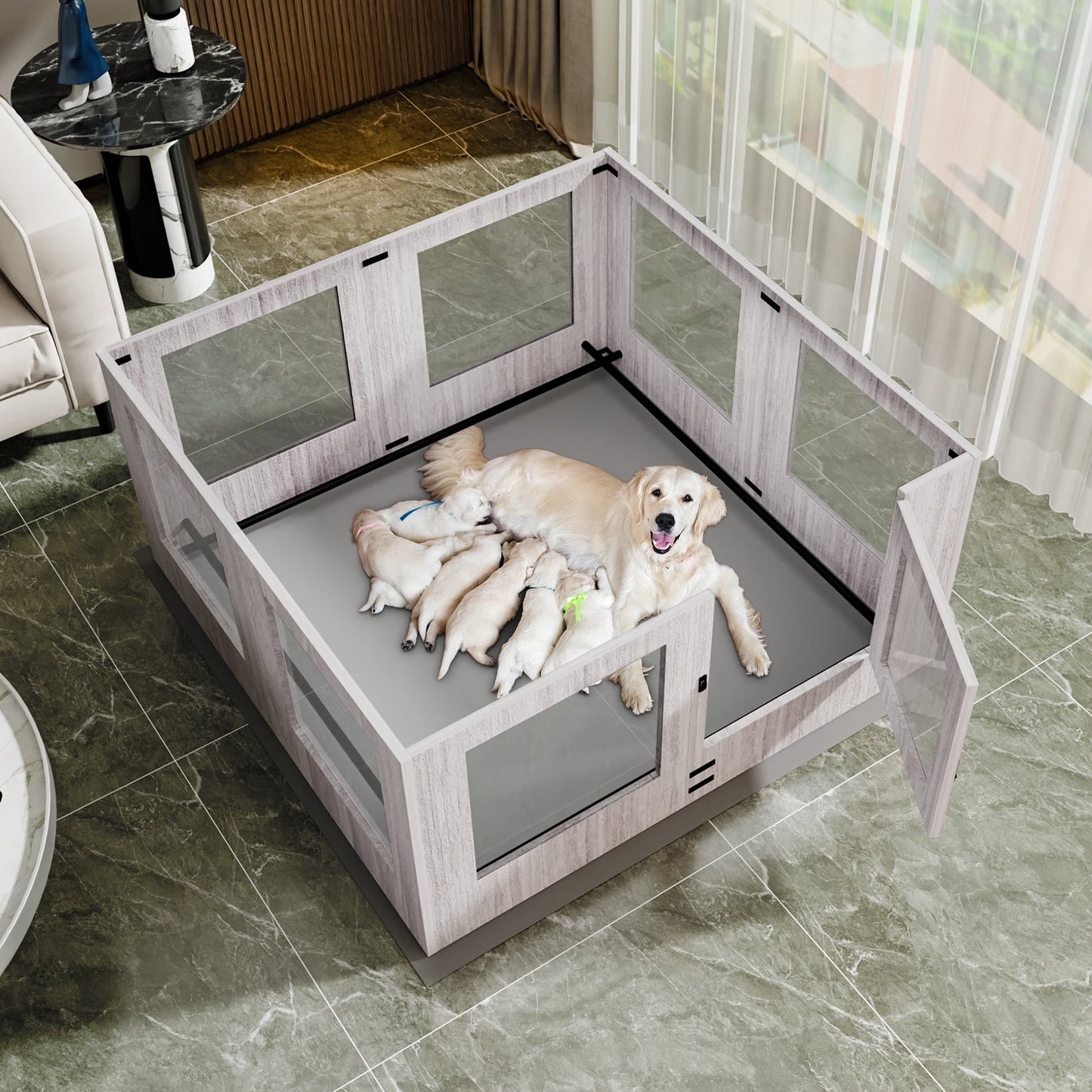 BINGOPAW Tempered Glass Dog Playpen 8 Panels With Waterproof Pad