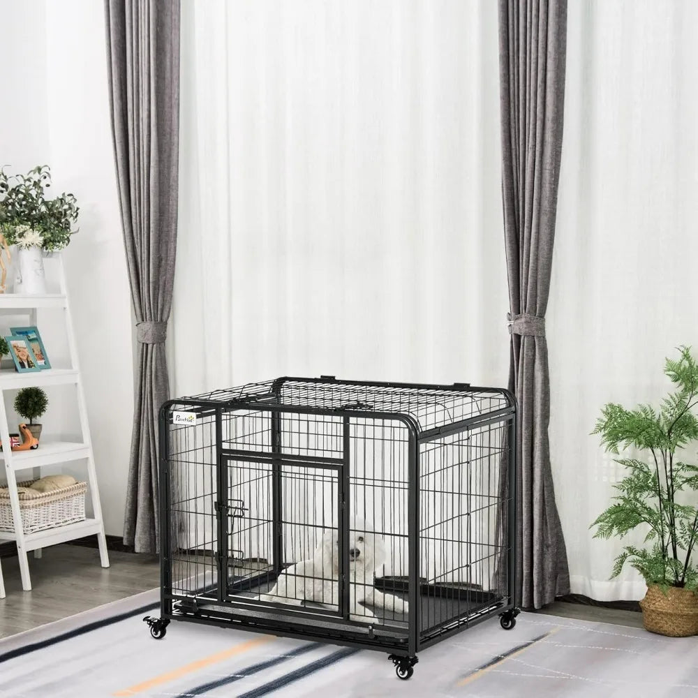 Metal Dog Cage Crate With Removable Tray And Cover Outdoor 4 Locking Wheels