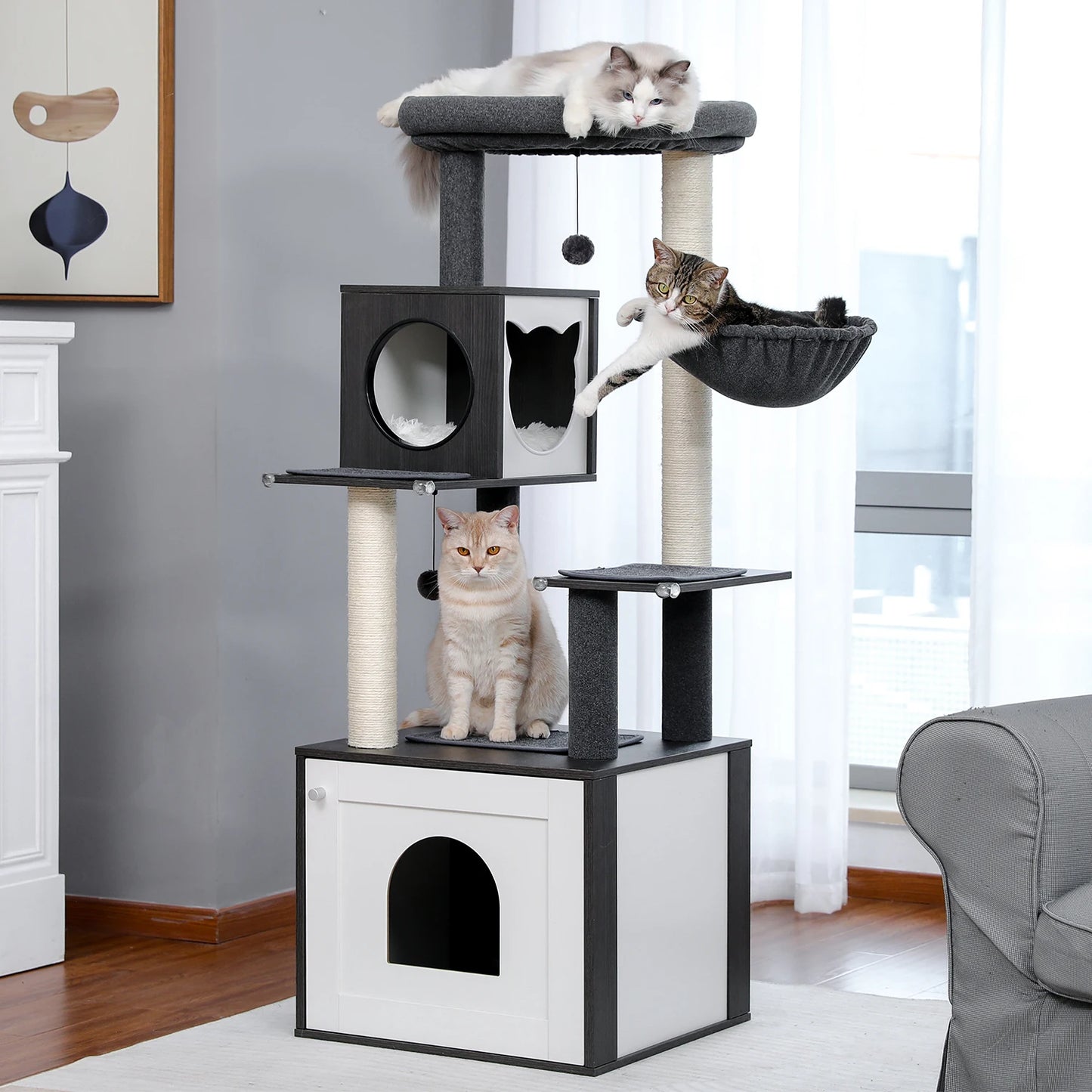 PEQULTICN Cat Tree Tower With Litter Box Wood Structure Hammock